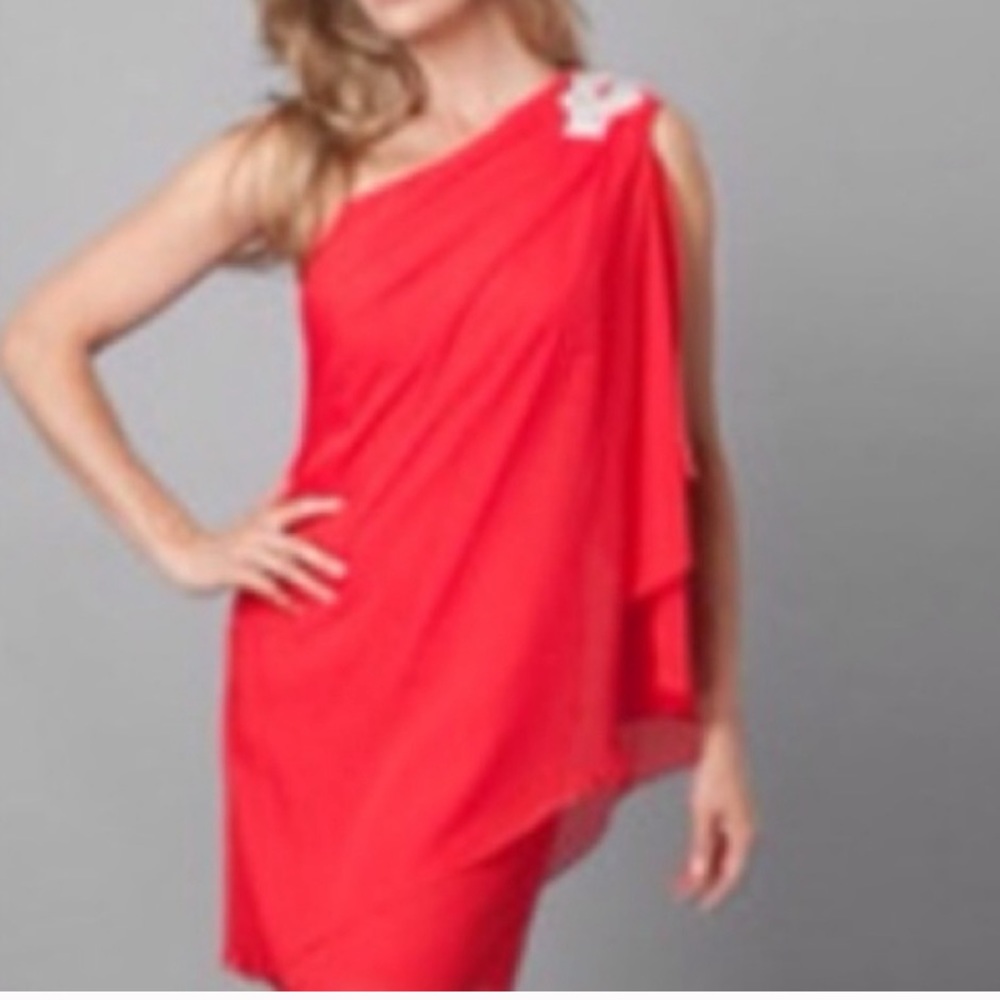 One shoulder pink dress with gold embellishment